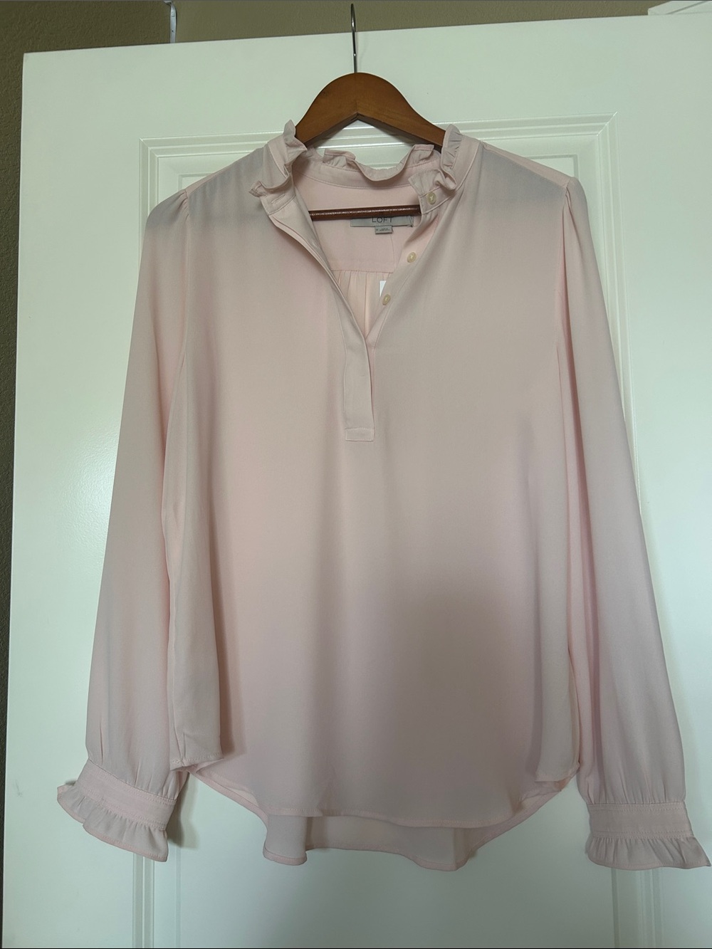 LOFT Light Pink Ruffle-Neck Long Sleeve Blouse